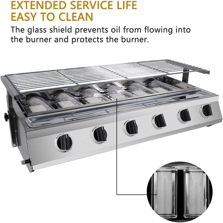 6 burner BBQ grill Outdoor Smokeless LPG Gas grill Stainless Steel Glass Shield Net Size 78cm*25cm A