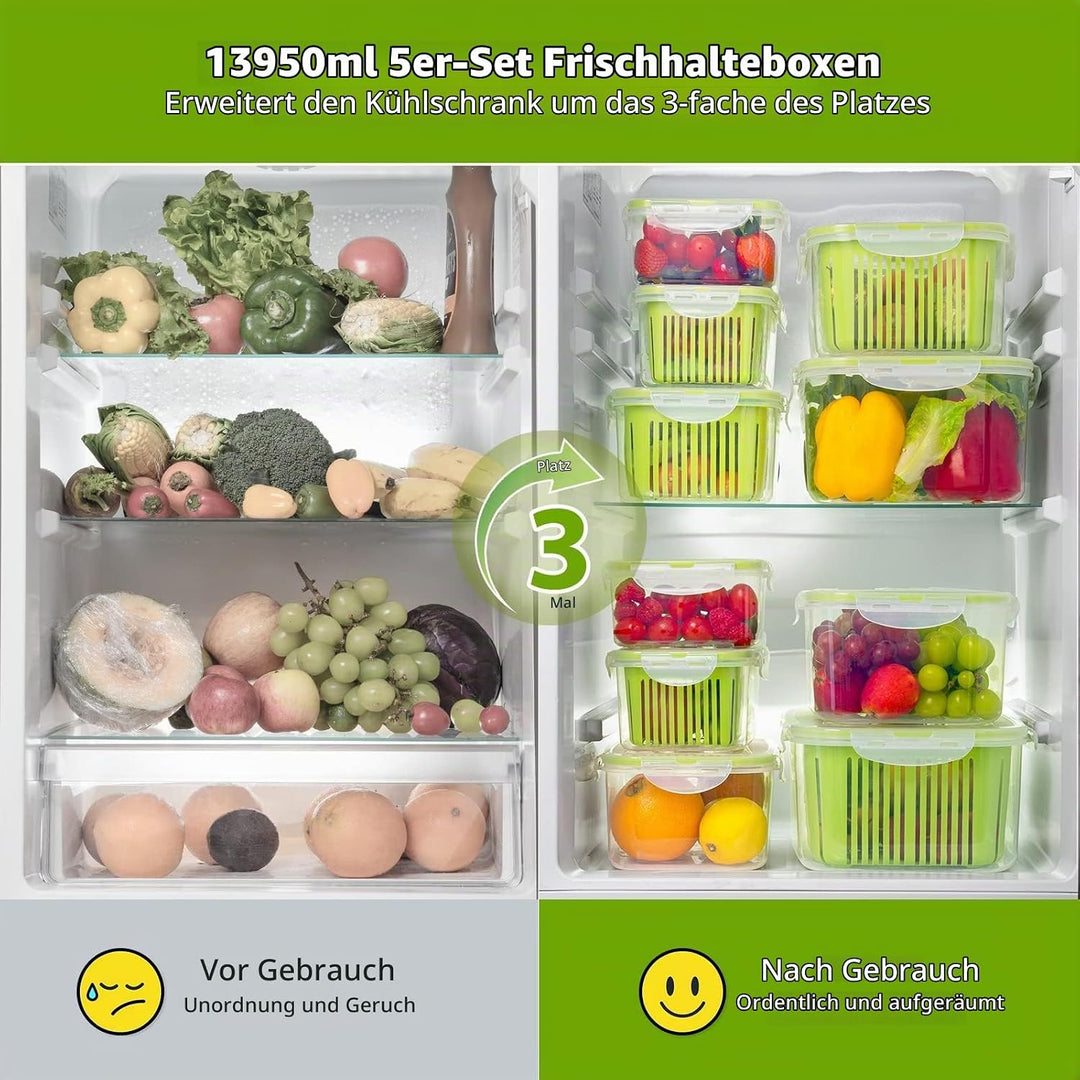 Luxear Frischhaltedosen Obst Gemüse mit Deckel Sieb, Vorratsdosen 5 Set 5,8L+3,8L+2,3L+1,3L+0,7L BPA
