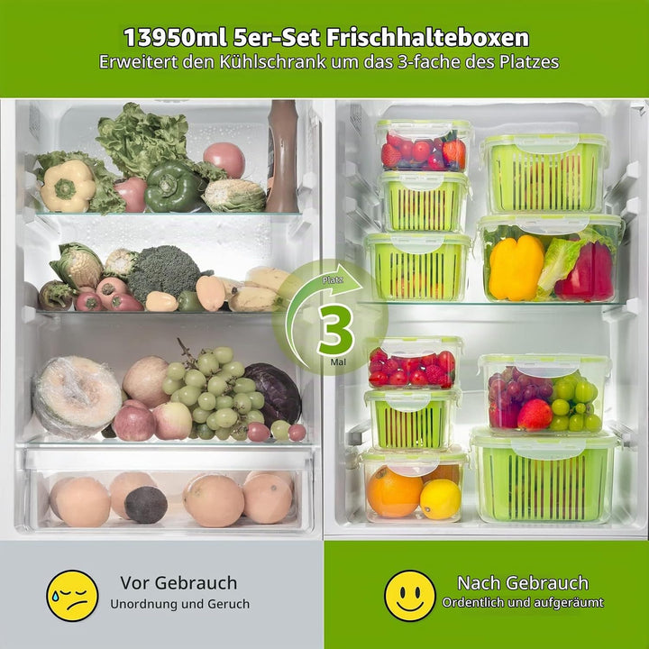 Luxear Frischhaltedosen Obst Gemüse mit Deckel Sieb, Vorratsdosen 5 Set 5,8L+3,8L+2,3L+1,3L+0,7L BPA