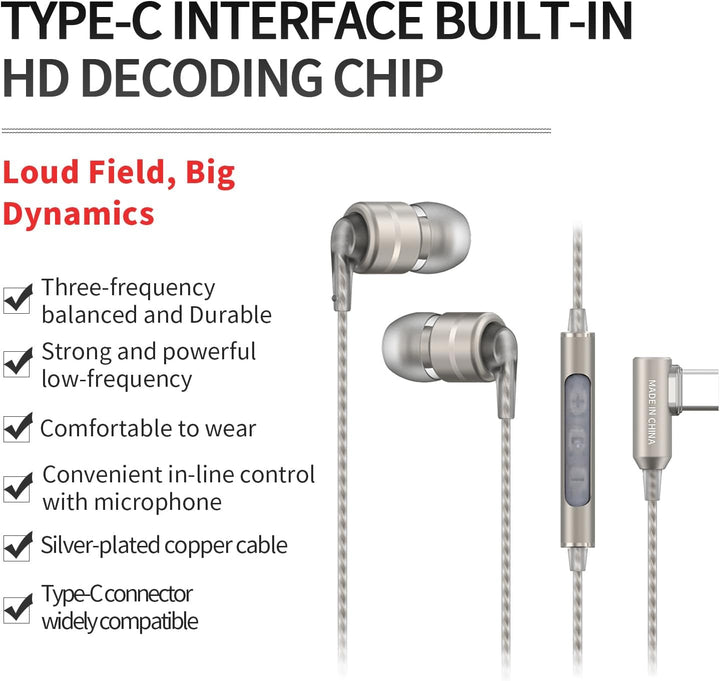 SoundMAGIC E80D Typ-C Ohrhörer mit Mikro, High-Res-DAC, Hi-Fi, Dunkelsilber | Glasklare Anrufe, High