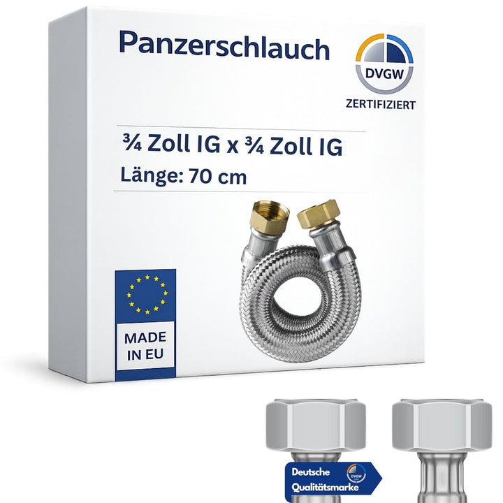 DVGW gep. Panzerschlauch 3/4 Zoll DN20 DN19 Edelstahl Flexschlauch Wasseranschluss Heizung Enthärtun