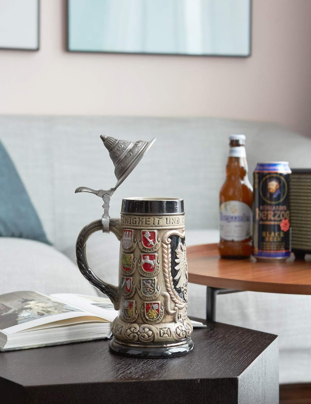 Amoy-Art Bierkrug mit Deckel Steinkrug Bierseidel Deutsch Schild Beer Stein Keramik Mug Geschenk 0.9