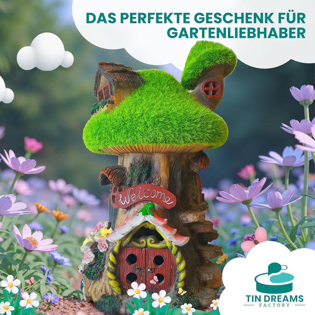 Feenhaus für den Garten mit Solarlicht - Fairy Tree House aus Harz - Aussendekoration für Garten, Te
