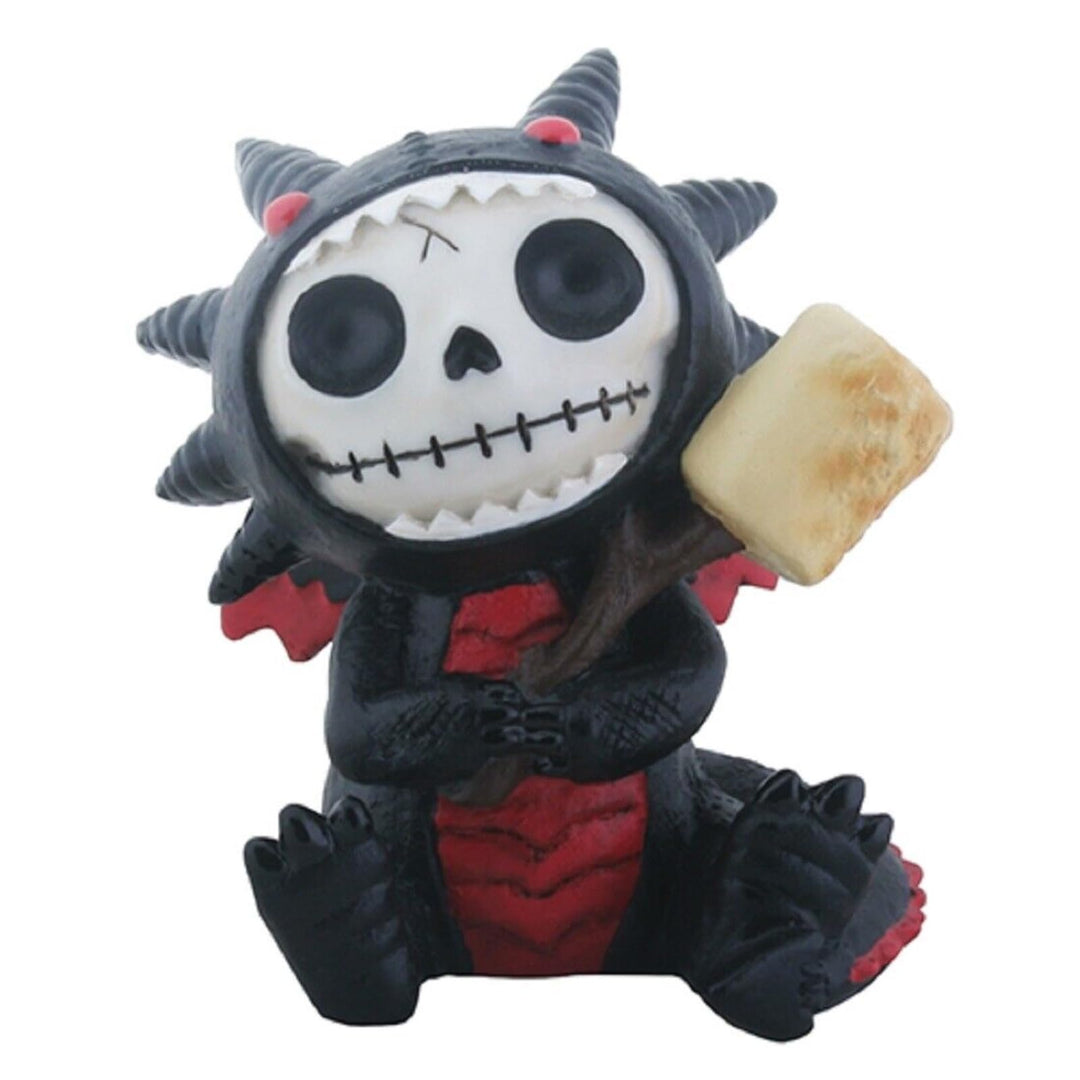 Furrybones schwarzes Scorchie-Skelett im Drachen-Kostüm mit Marshmallow-Figur
