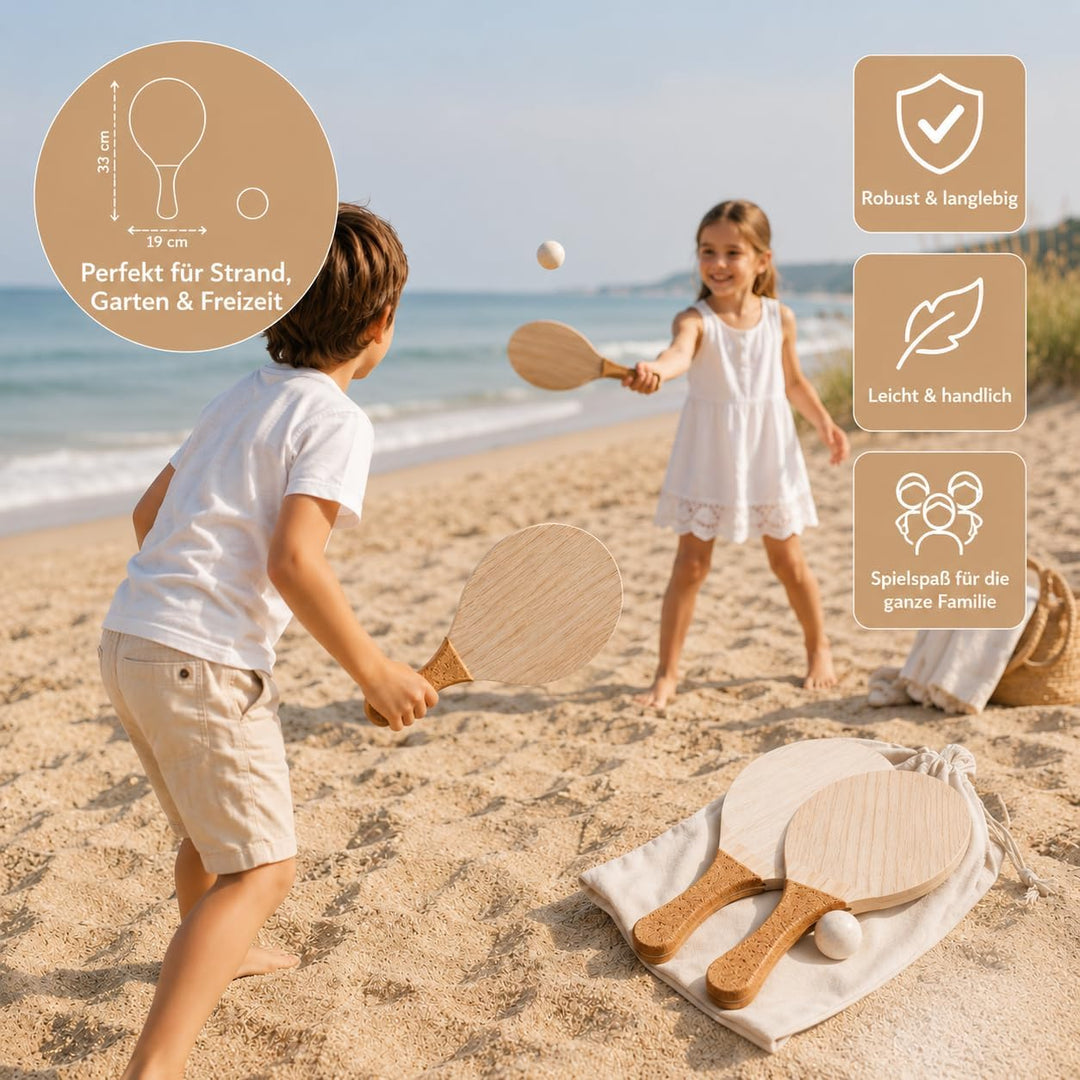 OhneSorge Strandtennis Set aus Holz mit Korkgriff – Beachball Set mit 2 Schlägern, Weizenstroh Ball
