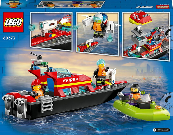 LEGO 60373 City Feuerwehrboot, Spielzeug, das im Wasser schwimmt, mit Rennboot, 3 Minifiguren und Je