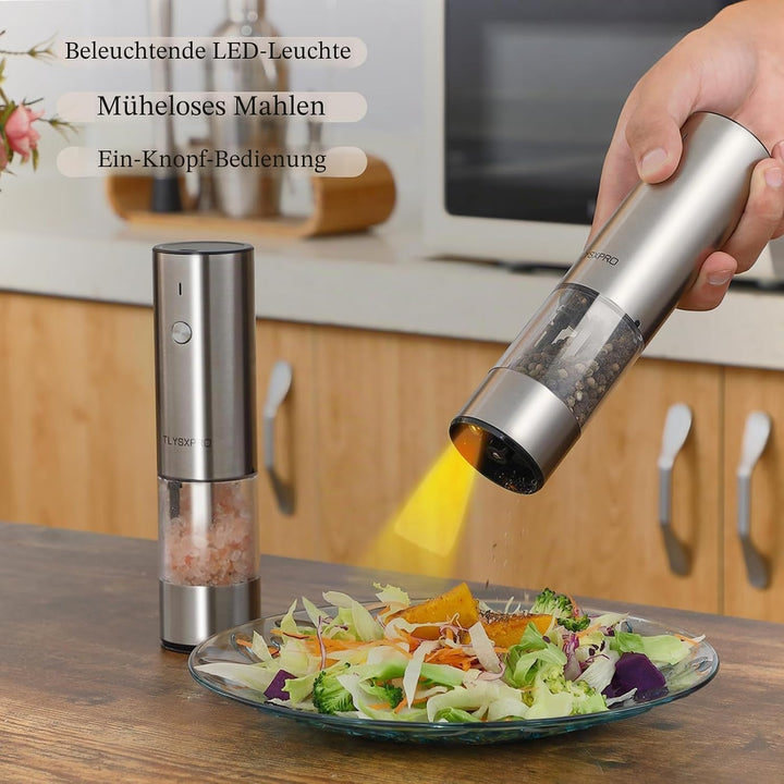 Salz und Pfeffermühle Elektrisch 2er Set, USB Wiederaufladbar, Einstellbarer Grobheit Gewürzmühle, P