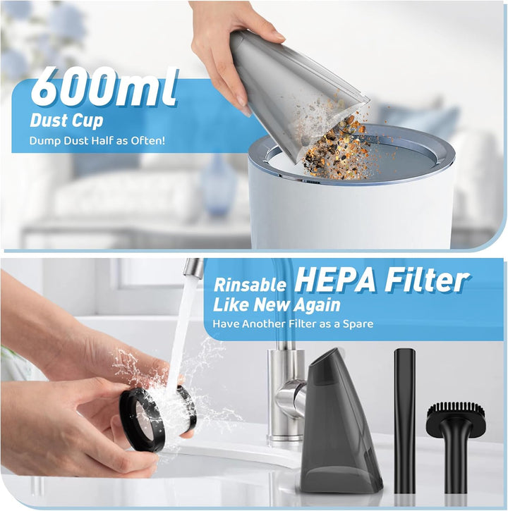 Handstaubsauger Kabelloser, 120W Motor, 60.000 U/min Saugleistung, 9.000 Pa, 2 waschbare Filter, 3 D