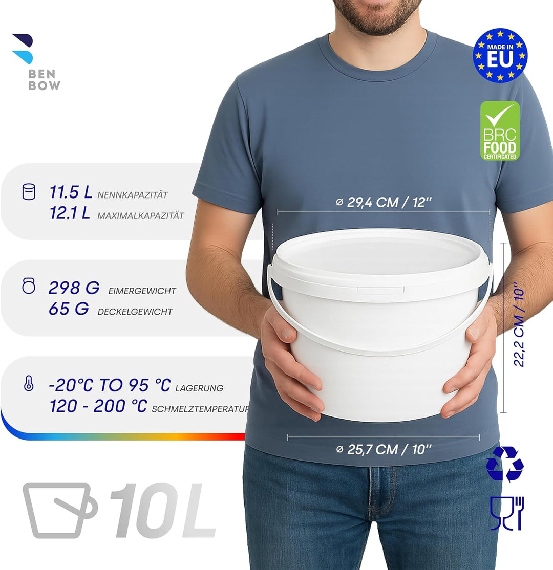 BenBow Eimer mit Deckel 10l Weiss 50x 10 Liter - lebensmittelecht, stabil, luftdicht, auslaufsicher,