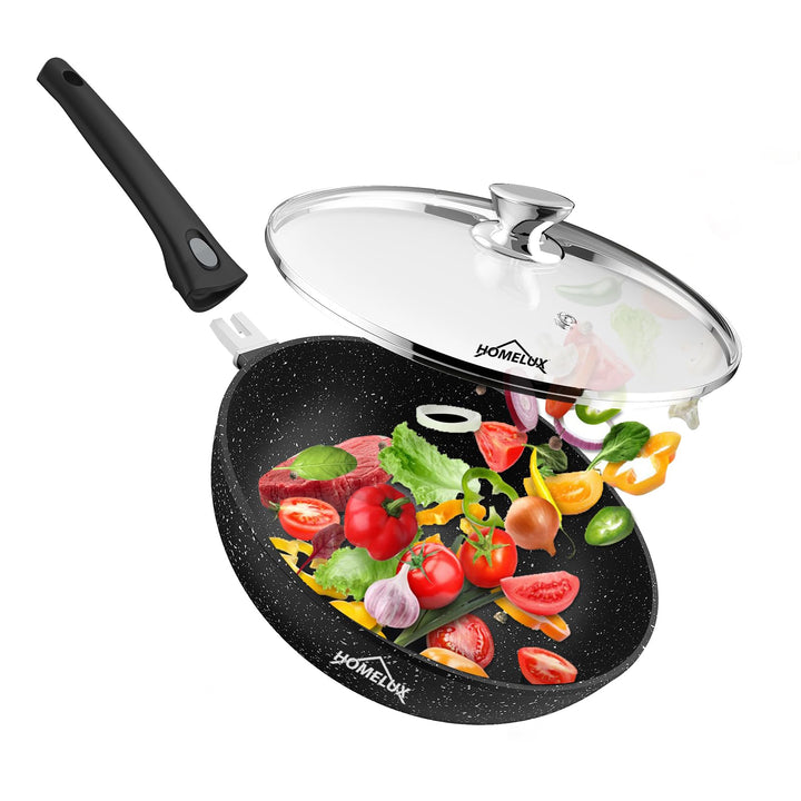 HOMELUX Wok Pfanne 28 cm, Wokpfannen Bratpfanne, Wokpfanne Induktion mit Glasdeckel und Abnehmbarem