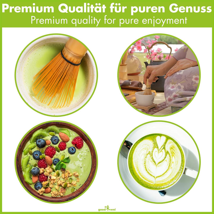 Goodwei Matcha Set mit Tee - Matchaschale Chawan aus Keramik, 80er Matchabesen, passendem Besenhalte