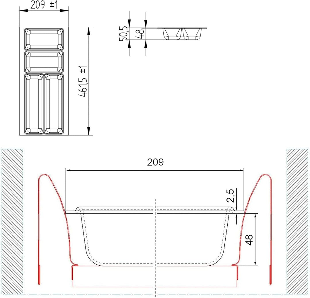 ORGA-BOX 2 Besteckeinsatz Tiefe: 461 x Breite: 209 mm silbergrau mit Canvas Struktur für 30er Nobili