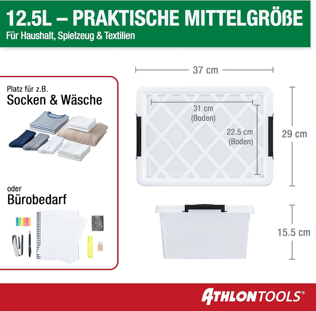 ATHLON TOOLS 4x 12.5 L Aufbewahrungsboxen mit Deckel, lebensmittelecht - Verschlussclips - 100% Neum