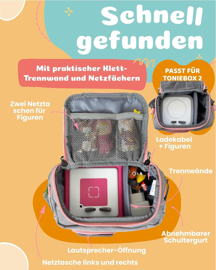 JP Journey Tasche für Toniebox - Transporttasche für 10 Figuren und Box, Reise und Auto (Grau-Rosa E