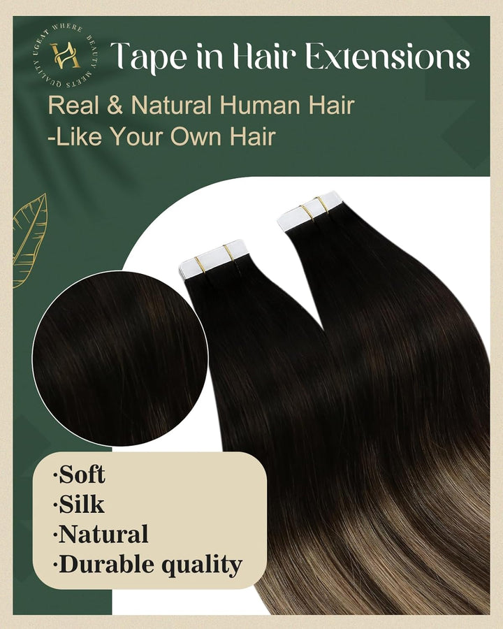 Ugeat 30cm Haarverlängerung Echthaar Tape Schwarz zu Dunkel Braun und Karamell Blond 1B/4/27 Haar Ex