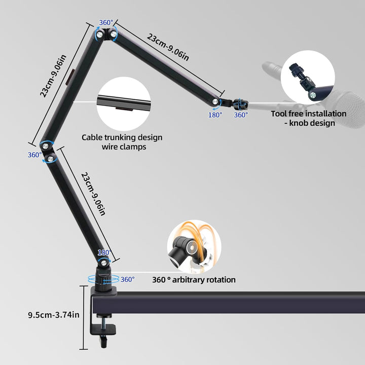 Yazoni 3LB Mikrofonarm – 360° schwenkbarer Low-Profile-Mikrofonarmständer mit Tischklemme, Schrauben