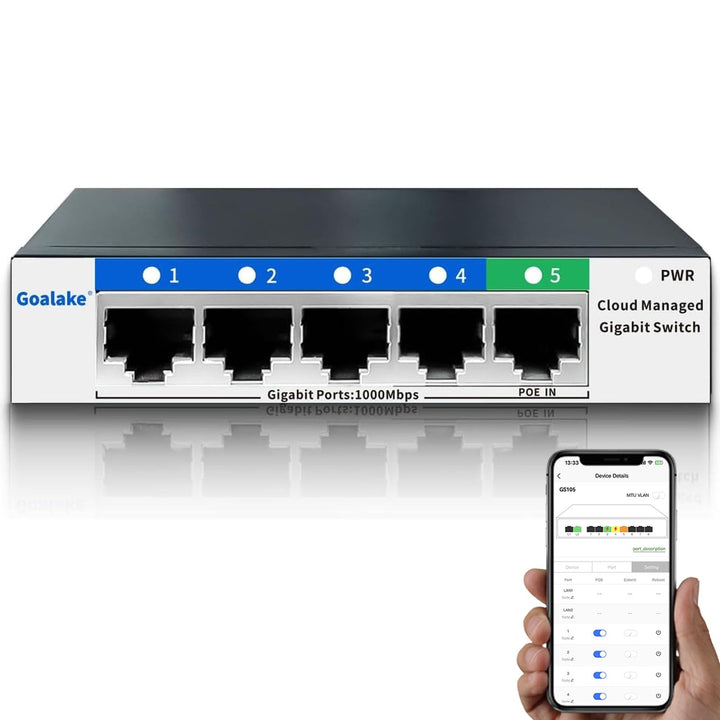 5-Port-Gigabit-Ethernet-Netzwerk-Switch, QoS, VLAN, DHCP-Snooping, App-Fernbedienung/Web-Interface-M