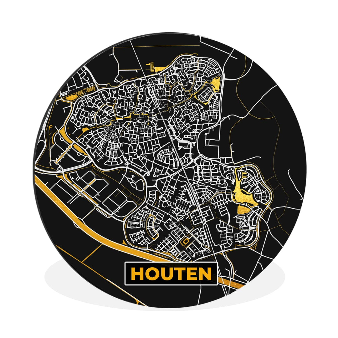 MuchoWow Wandbild Rund Wanddeko Deko Wohnzimmer Bilder 30x30 cm Houten - Schwarz und Gold - Stadtpla