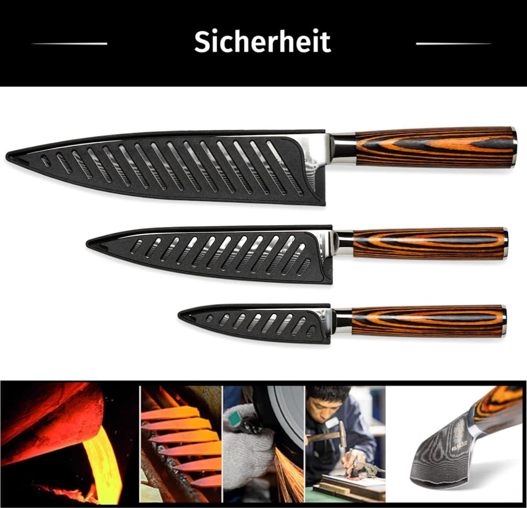 Wolfblood Damastmesser-Set 3er (32cm, 26cm und 20cm) Profi-Damast-Küchenmesser Set aus 67 Lagen Dama