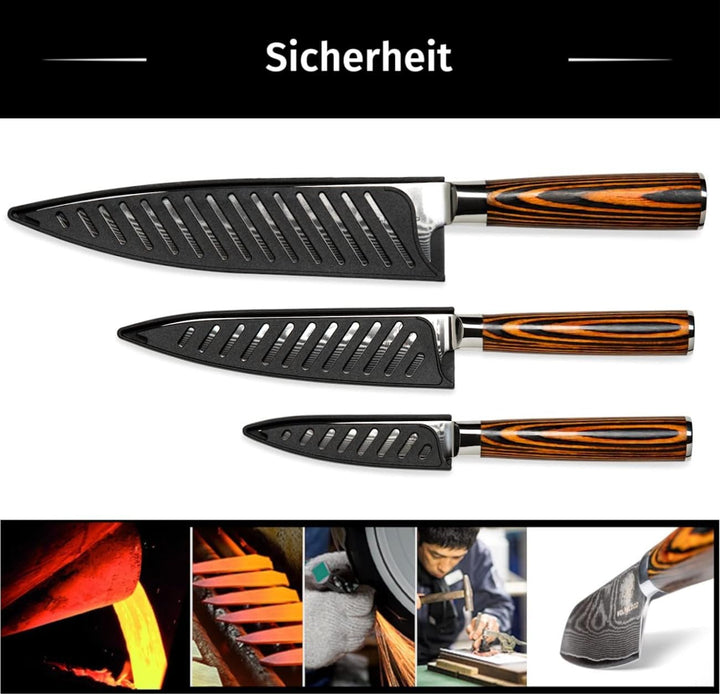 Wolfblood Damastmesser-Set 3er (32cm, 26cm und 20cm) Profi-Damast-Küchenmesser Set aus 67 Lagen Dama