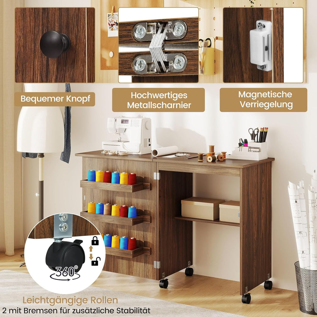 COSTWAY 2 in 1 Nähschrank & Schreibtisch klappbar, Nähtisch aus Holz mit 3 Einlegeböden für Spulen &