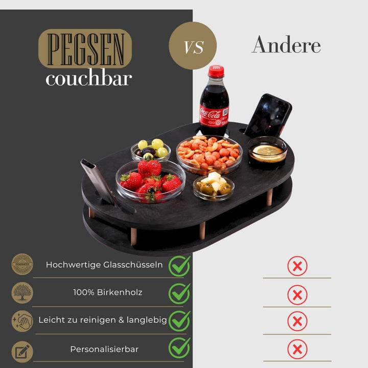 Couchbar Snackbox in schwarz mit 4 Glasschalen - Sofabar für Snacks und Getränke - Couchtabletts mit