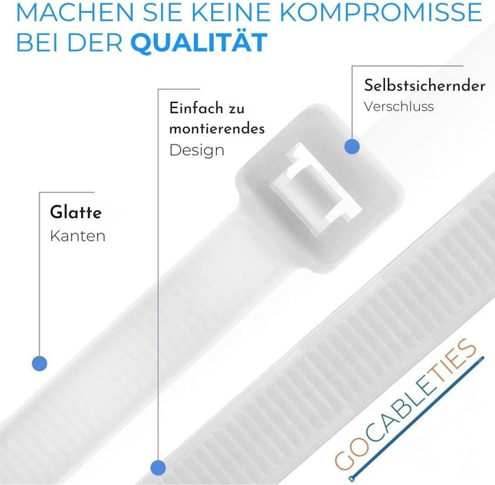 Gocableties Kabelbinder 100 Stück Weiss/Naturfarben Transparent, 370 mm x 7,6 mm mit 54,4 kg Zugfest