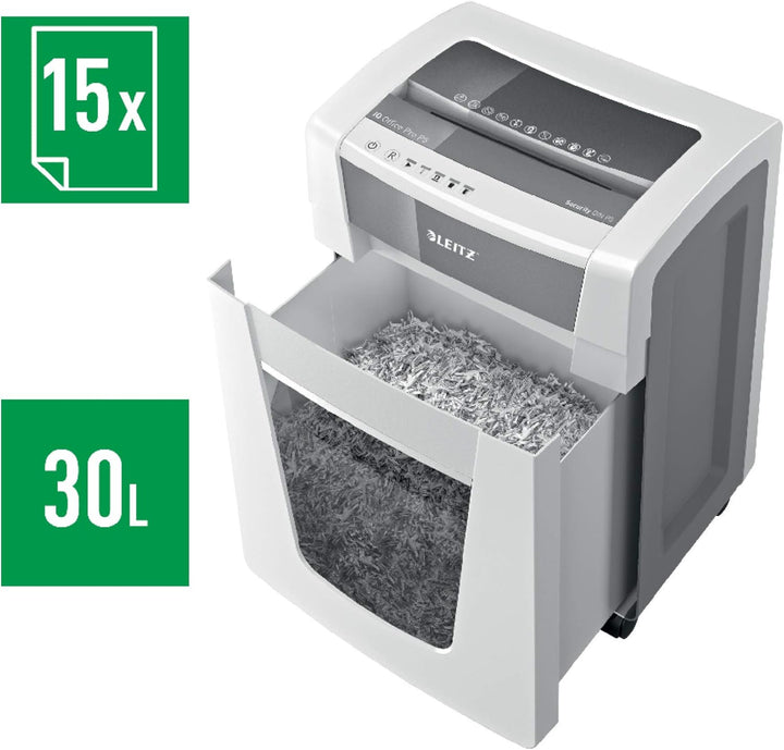 Leitz IQ Office Pro P5 Micro Cut Aktenvernichter, zerkleinert 15 Blatt, 30 Liter Mülleimer, weiss, 8