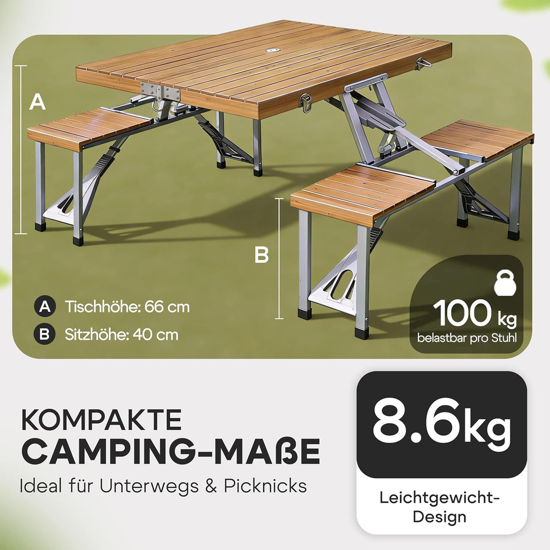 CASARIA® Campingtisch mit Stühlen Klappbar Tragegriff Schirmhalter 4 Personen Picknicktisch Kofferti