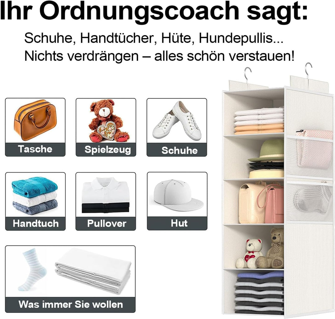 ALLTIDYUP 2 Stück Extra Tiefer Schrank Hängeorganizer – Weiss, 5 Fächer, Kleiderschrank Organizer, S