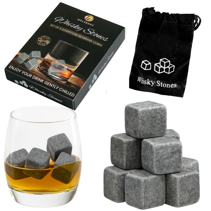 9 Stück Whisky Steine Set aus natürlichem Speckstein, on The Rocks Kühlsteine mit praktischen Stoffb