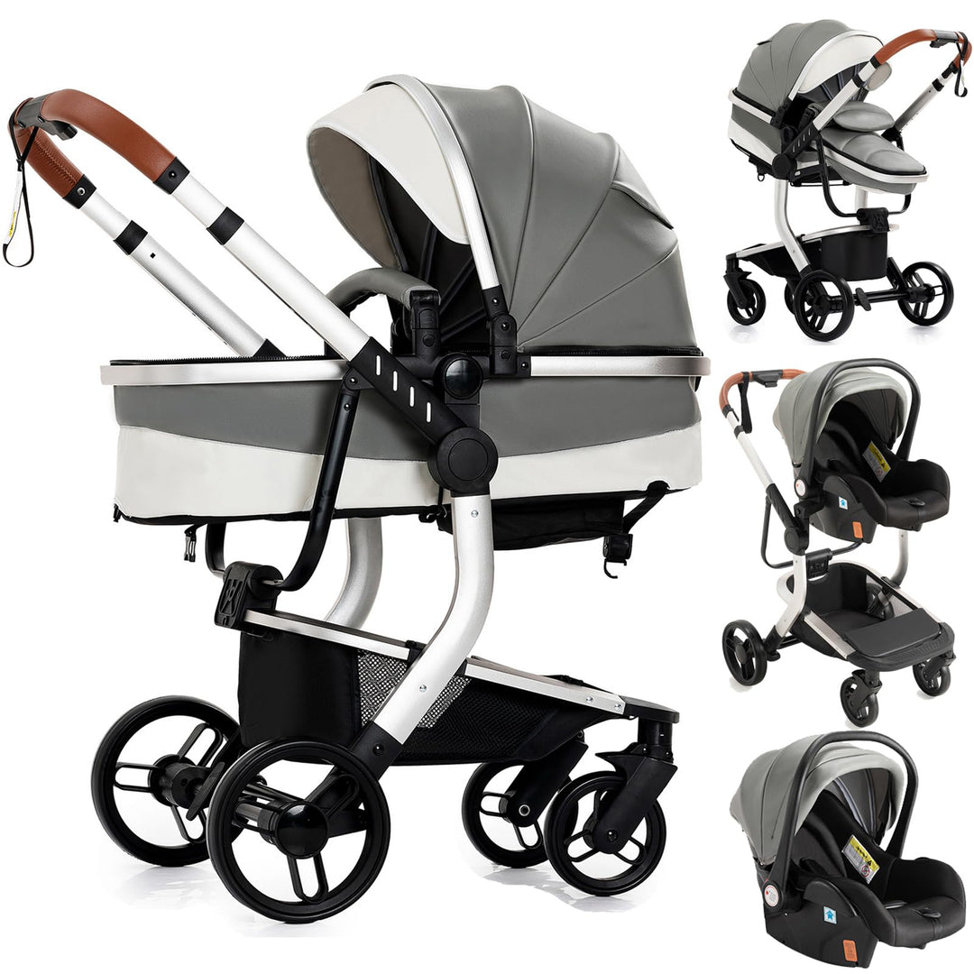 Doraystar PU-Leder Kinderwagen 3 in 1, Kombikinderwagen 3 in 1 mit Zwei Umkehrbaren Schiebemodi, Kin