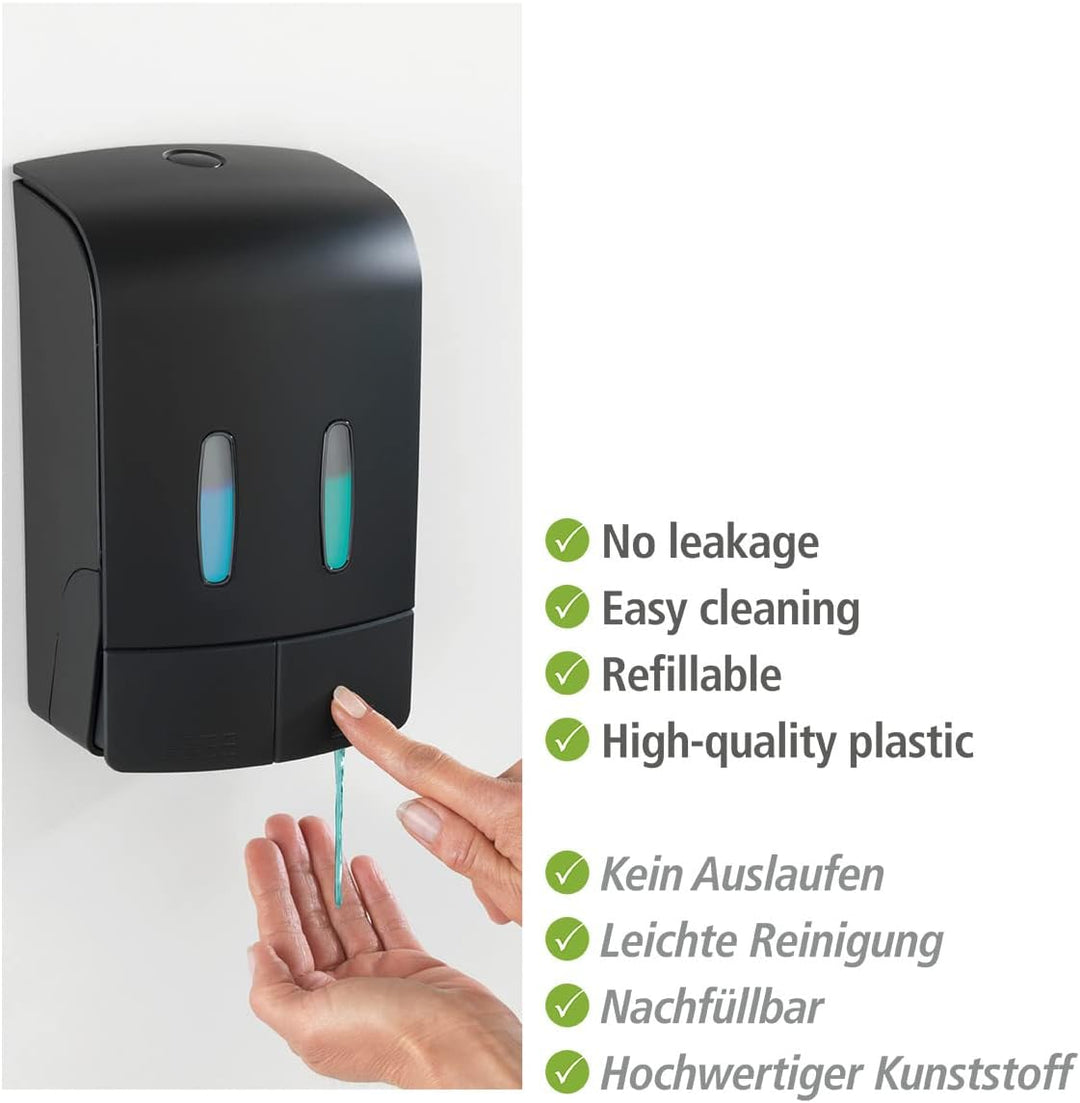 WENKO 2-Kammer Desinfektionsmittel- und Seifenspender Tartas Schwarz, hygienischer Wand-Spender für