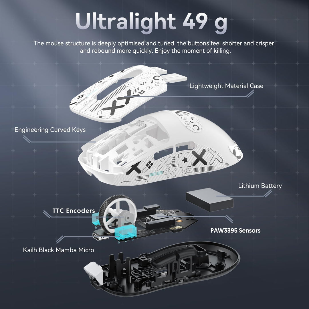 ATTACK SHARK X3 49g Superlight Maus mit Klebeband, PixArt PAW3395 Gaming-Sensor, BT/2,4G Kabellose/K