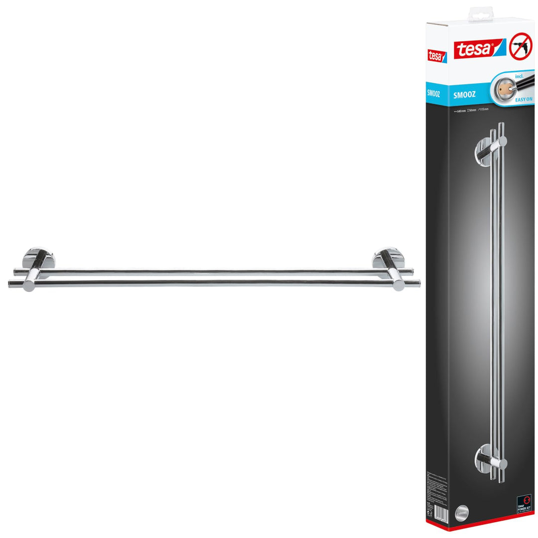 tesa SMOOZ Doppel-Handtuchstange, verchromt - Badetuchhalter mit 2 Stangen - zur Wandbefestigung ohn