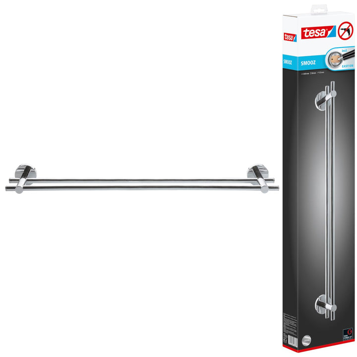 tesa SMOOZ Doppel-Handtuchstange, verchromt - Badetuchhalter mit 2 Stangen - zur Wandbefestigung ohn