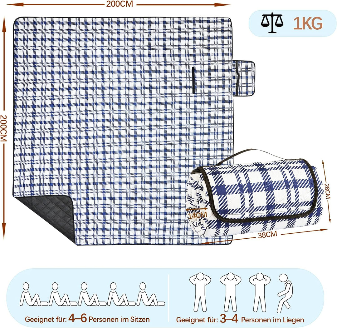Picknickdecke 200x200 cm - Stranddecke XXL, wasserdicht & isoliert Campingdecke, atmungsaktiv und we