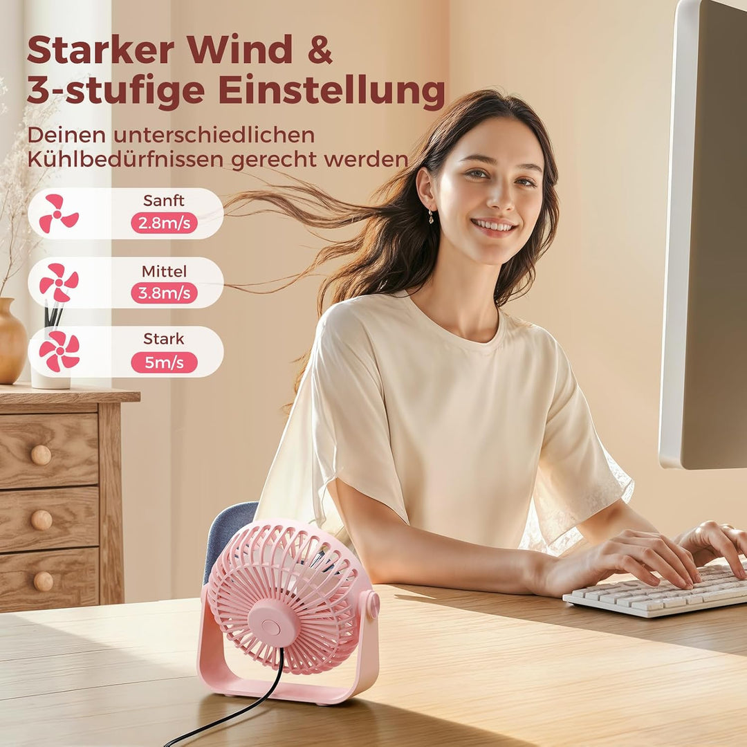 TriPole USB Tischventilator, 3 Geschwindigkeiten Starker Wind, 360° Rotation Persönlicher Ventilator
