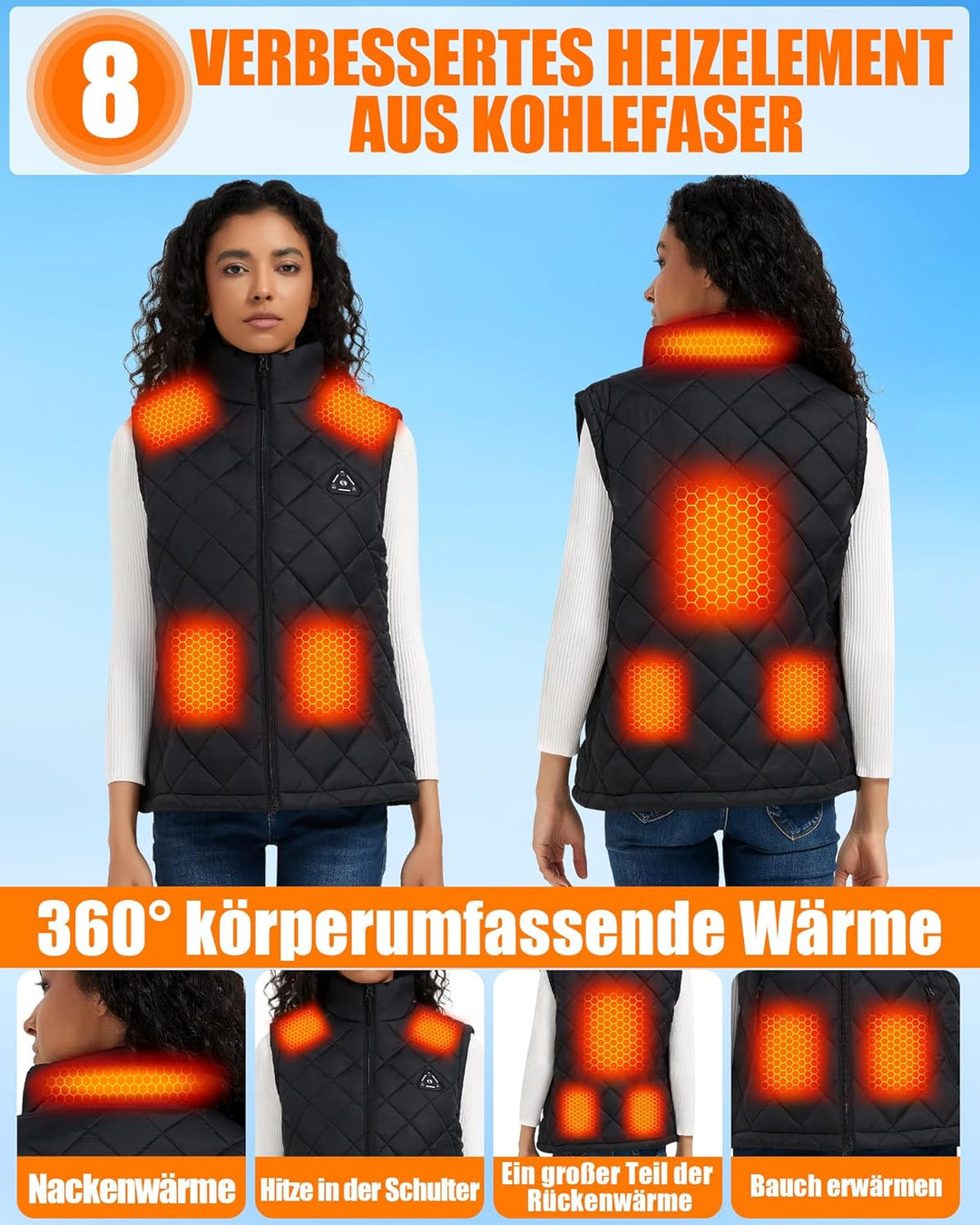 CYCYHEAT Beheizbare Weste Damen mit 7,4V Akku und 4-in-1 Steuerung – Leichte Wattierte Heizweste mit