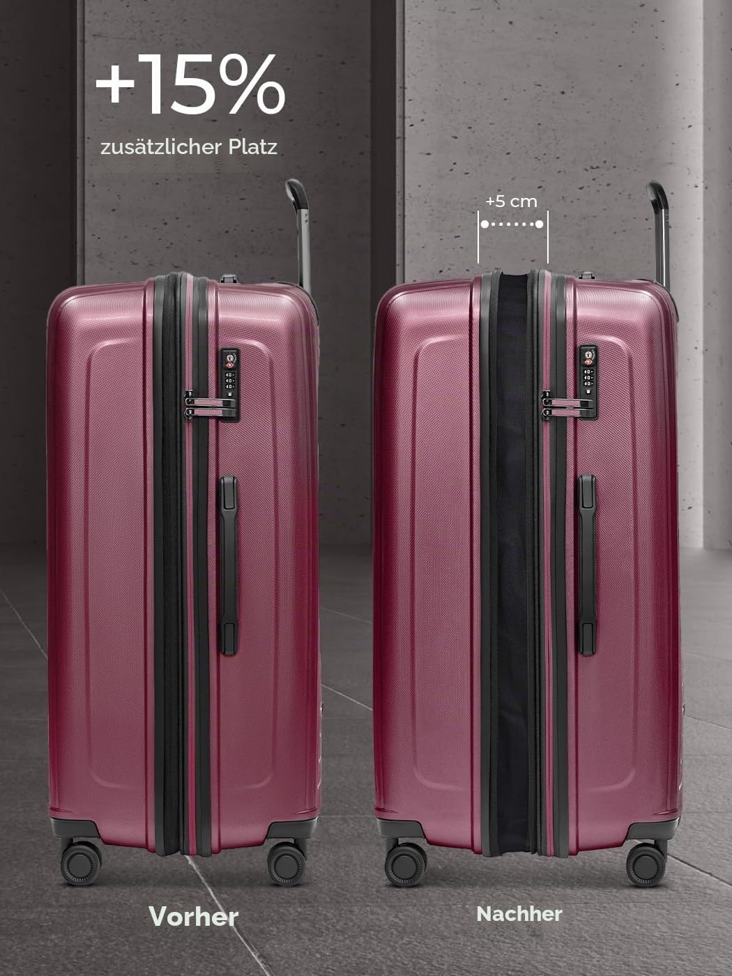 REDOLZ sehr grosser Hartschalen L+ Trolley | 52 x 34 x 77 cm | mit Dehnfalte von 123 auf 140 Liter e
