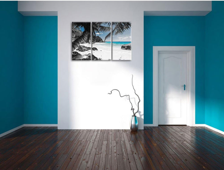 Pixxprint Palmenstrand Seychellen als Leinwandbild | Grösse: 3 Teilig (120x80) | Wandbild| Kunstdruc