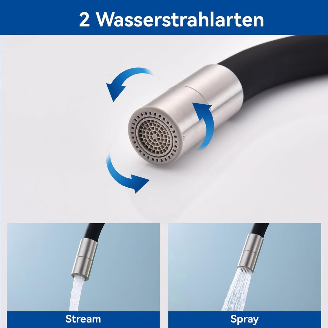 Flexibler Wasserhahn Küche Schwarz, Hochdruck Küchenamatur mit 2 Strahlarten, Armatur Küche 360° Dre