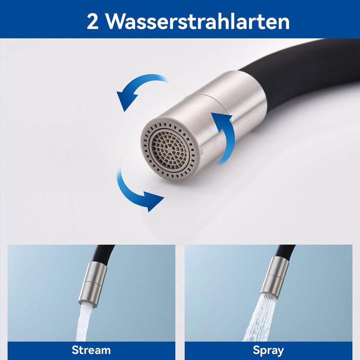 Flexibler Wasserhahn Küche Schwarz, Hochdruck Küchenamatur mit 2 Strahlarten, Armatur Küche 360° Dre