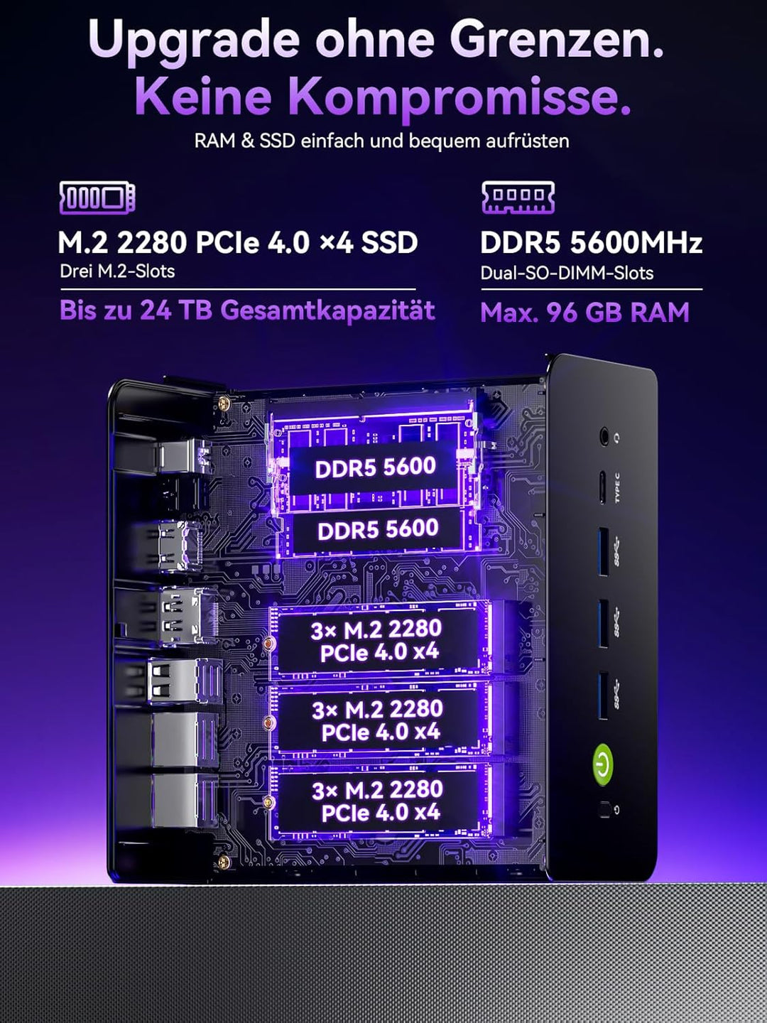 GMKtec Mini Gaming PC Intel Ultra 5 125U(12K/14T Bis zu 4.3GHz), K15 Mini PC 48GB DDR5 4800, 1TB PCI