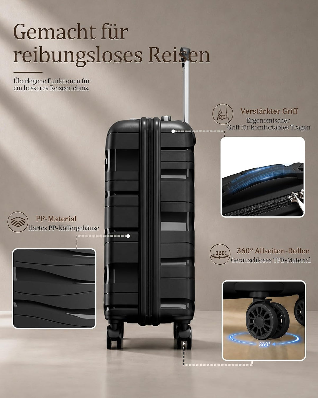 KONO Koffer Trolleys Gepäcksets 4 Teilig Kofferset mit Beautycase Polypropylen Hartschalenkoffer Rei