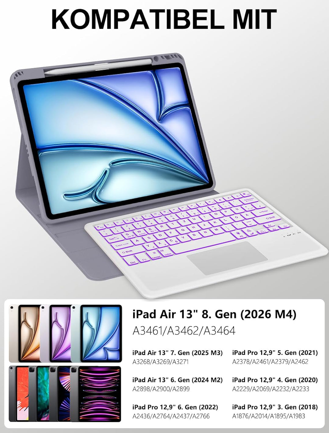 JADEMALL Für iPad Air 13 &amp; Pro 12.9 Hülle mit Touchpad &amp; Beleuchtung QWERTZ | Für iPad Air 13 Zoll T