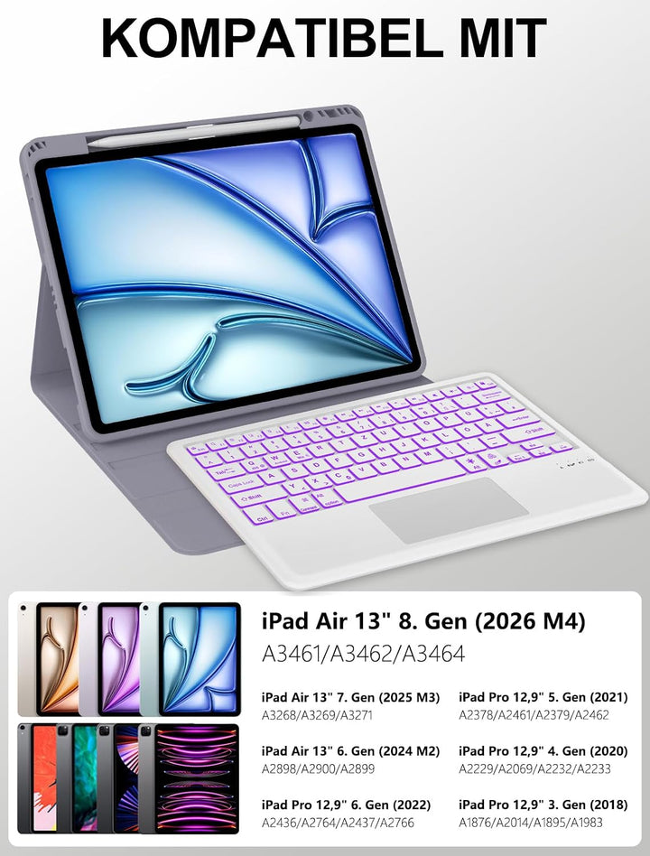JADEMALL Für iPad Air 13 &amp; Pro 12.9 Hülle mit Touchpad &amp; Beleuchtung QWERTZ | Für iPad Air 13 Zoll T