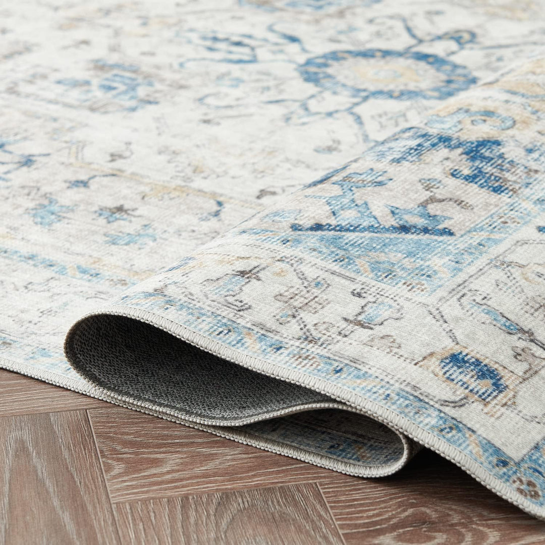 TOPICK Blau Läufer 60x300cm Flur Floral Teppich Waschbar Superdünne Vintage Blumenteppich Kurzflor O