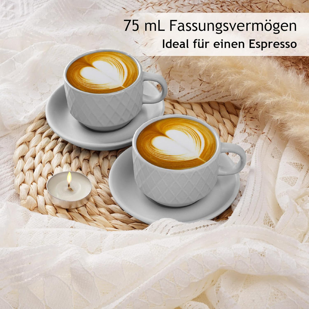 MIAMIO – 6 x 75 ml Espresso Tassen/Espressotassen Set mit Ständer Steingut Keramik - Palmanova Kolle