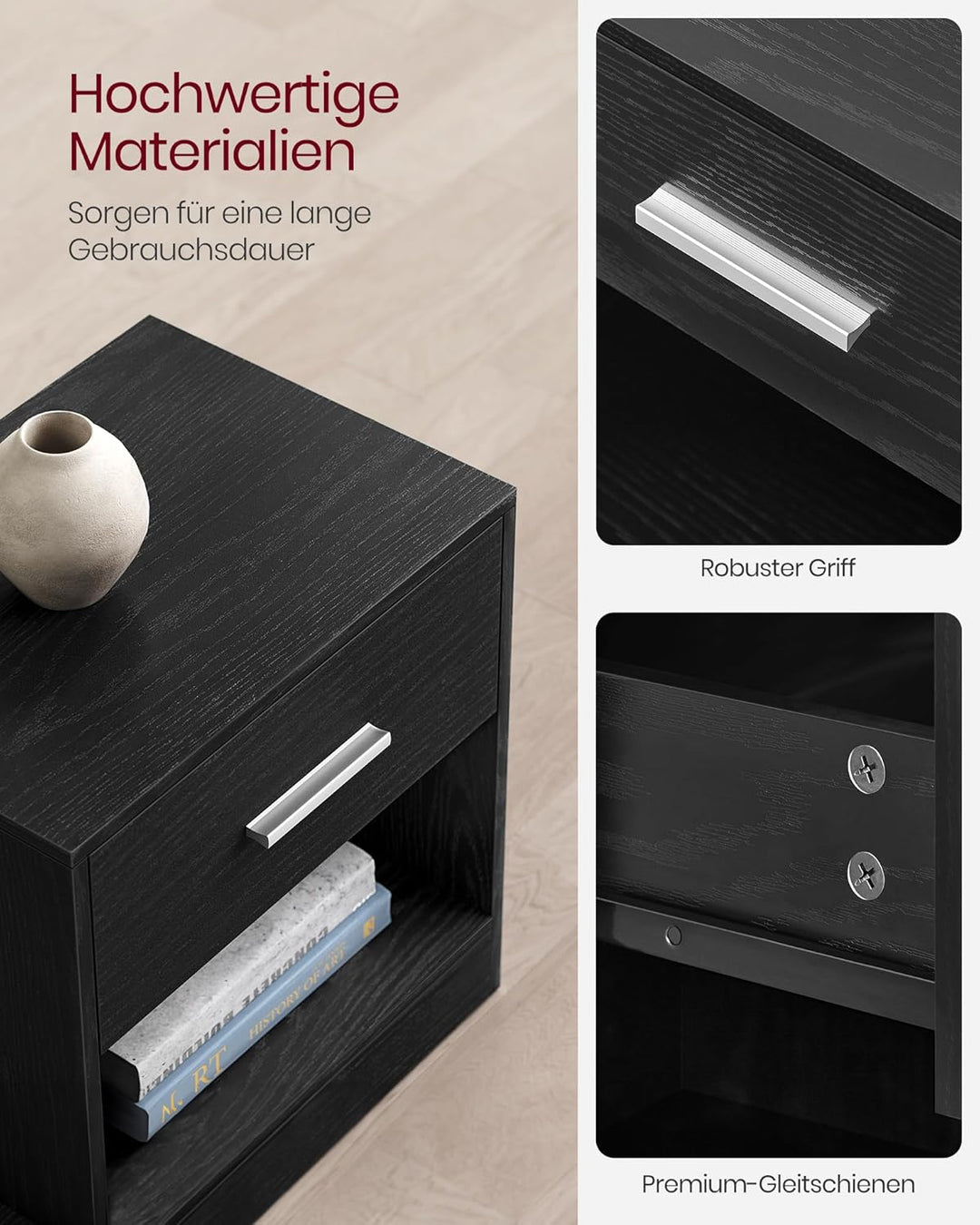 VASAGLE Nachttisch, 2er Set, Beistelltisch, mit Schublade, Griff, offenes Fach, Couchtisch, für Schl